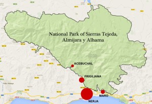 Tejeda, Almijara y Alhama and the situation of the hiking towns of Nerja, Frigiliana, Maro and Acebuchal.